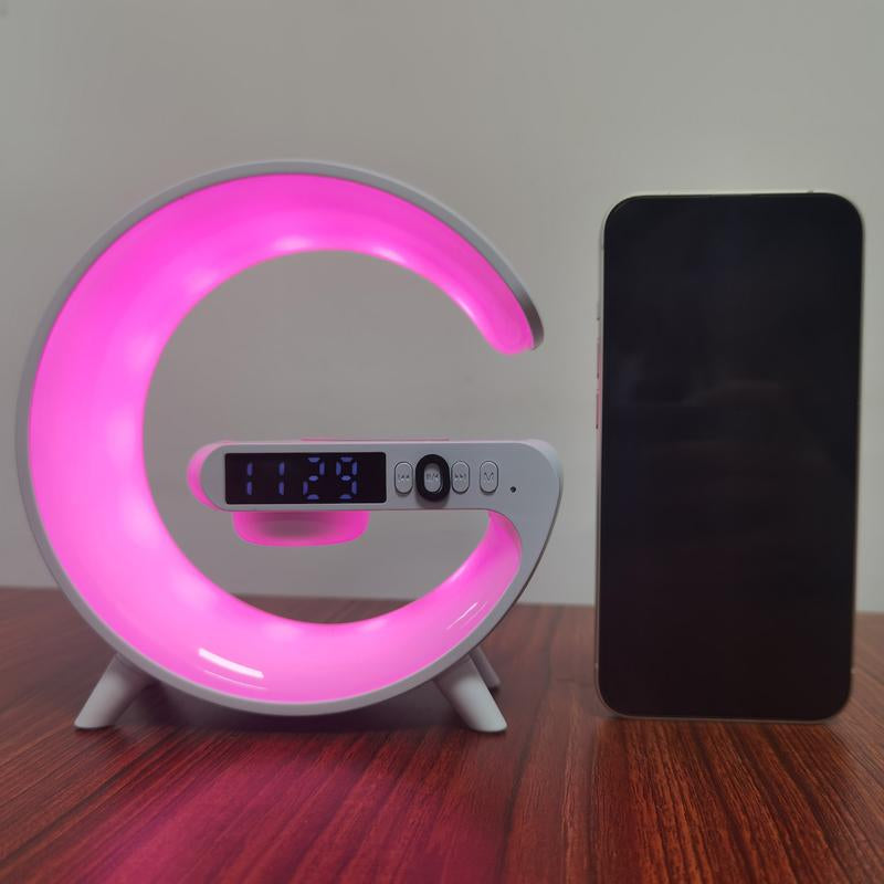 1 Wireless Bluetooth Speaker with Wireless Fast Charging Function, Rhythm RGB Light, Bar Smart Light, Sunrise Alarm Clock, Bedroom Wake Light, Dimmable Table Lamp, USB Type-C, Surround Sound, Suitable for Bedroom, Creative Gifts for Teens and Adults