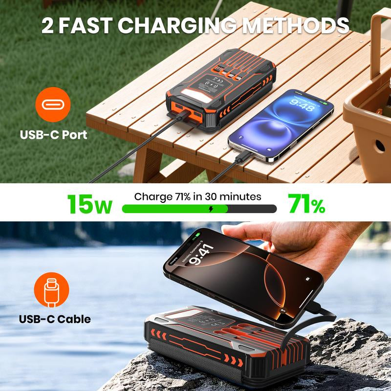 48000Mah Solar Charger Power Bank, Wireless Portable Charger with 4 Built-In Cables & 7 Outputs,15W Fast Charging Portable Power Bank with USB C, Battery Pack with Flashlight for All Mobile Devices