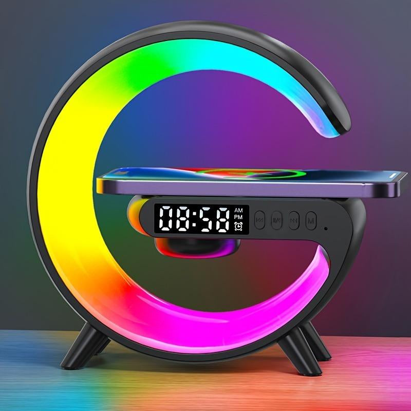 1 Wireless Bluetooth Speaker with Wireless Fast Charging Function, Rhythm RGB Light, Bar Smart Light, Sunrise Alarm Clock, Bedroom Wake Light, Dimmable Table Lamp, USB Type-C, Surround Sound, Suitable for Bedroom, Creative Gifts for Teens and Adults