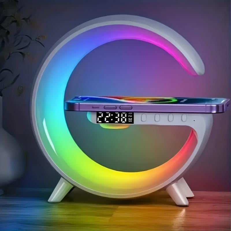 1 Wireless Bluetooth Speaker with Wireless Fast Charging Function, Rhythm RGB Light, Bar Smart Light, Sunrise Alarm Clock, Bedroom Wake Light, Dimmable Table Lamp, USB Type-C, Surround Sound, Suitable for Bedroom, Creative Gifts for Teens and Adults