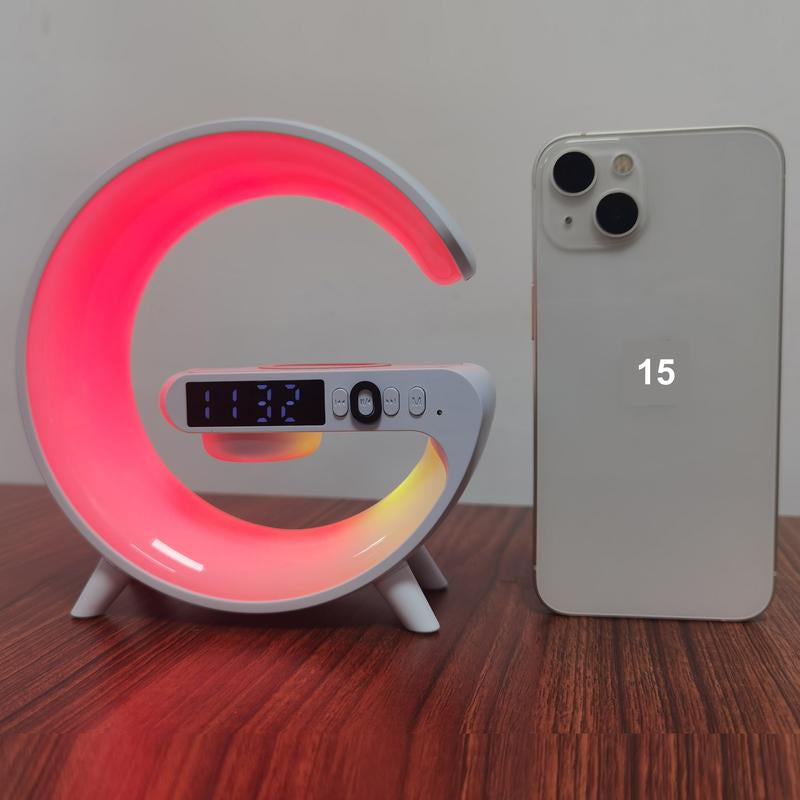 1 Wireless Bluetooth Speaker with Wireless Fast Charging Function, Rhythm RGB Light, Bar Smart Light, Sunrise Alarm Clock, Bedroom Wake Light, Dimmable Table Lamp, USB Type-C, Surround Sound, Suitable for Bedroom, Creative Gifts for Teens and Adults