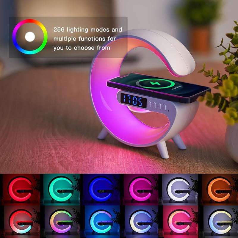 1 Wireless Bluetooth Speaker with Wireless Fast Charging Function, Rhythm RGB Light, Bar Smart Light, Sunrise Alarm Clock, Bedroom Wake Light, Dimmable Table Lamp, USB Type-C, Surround Sound, Suitable for Bedroom, Creative Gifts for Teens and Adults