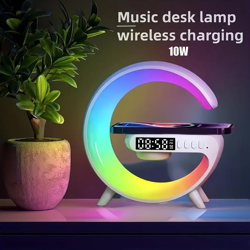 1 Wireless Bluetooth Speaker with Wireless Fast Charging Function, Rhythm RGB Light, Bar Smart Light, Sunrise Alarm Clock, Bedroom Wake Light, Dimmable Table Lamp, USB Type-C, Surround Sound, Suitable for Bedroom, Creative Gifts for Teens and Adults
